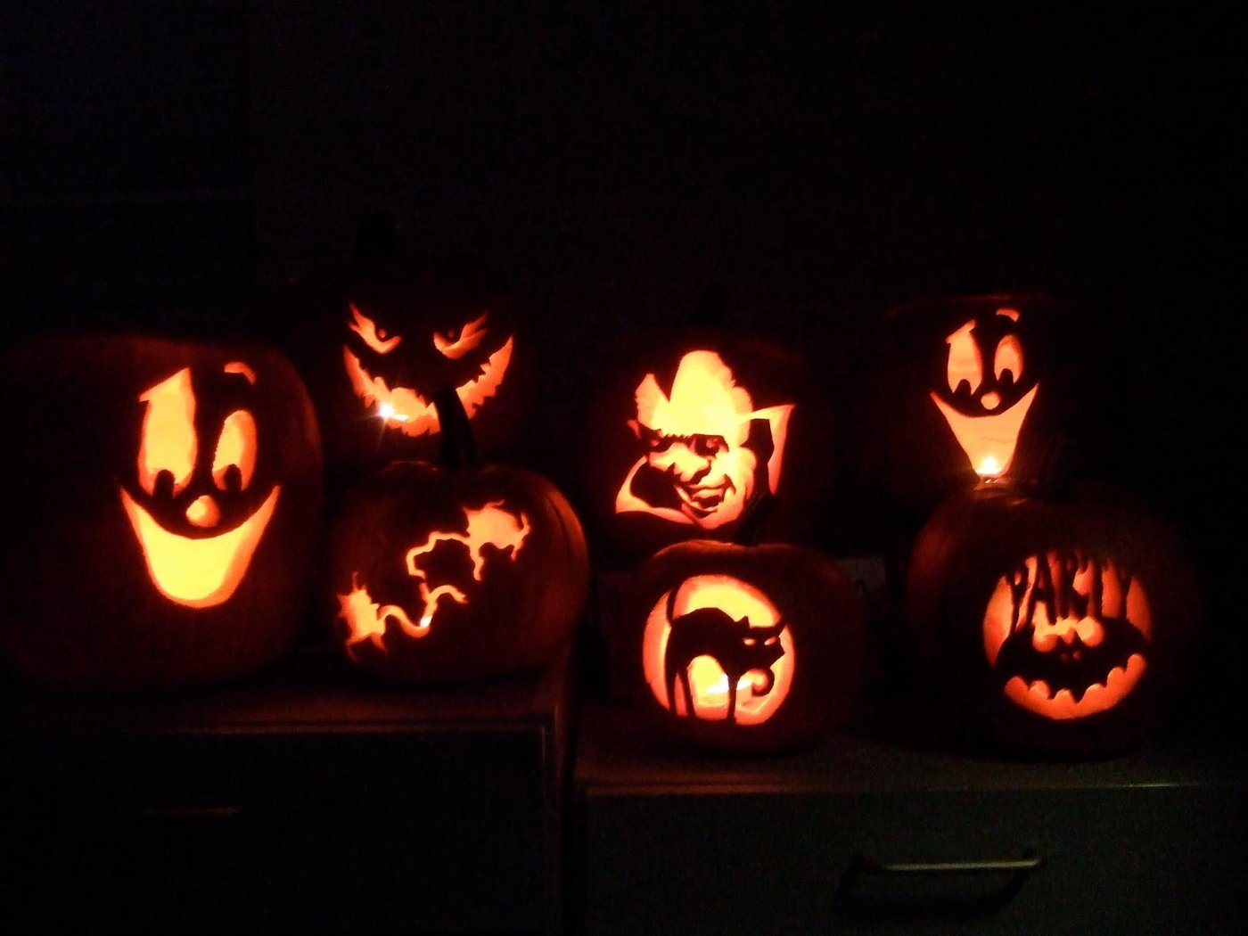 Carved pumpkins glowing